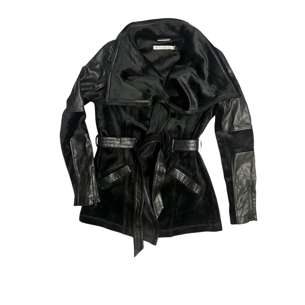 Blanc Noir Black Leather and Velour Jacket with Belt